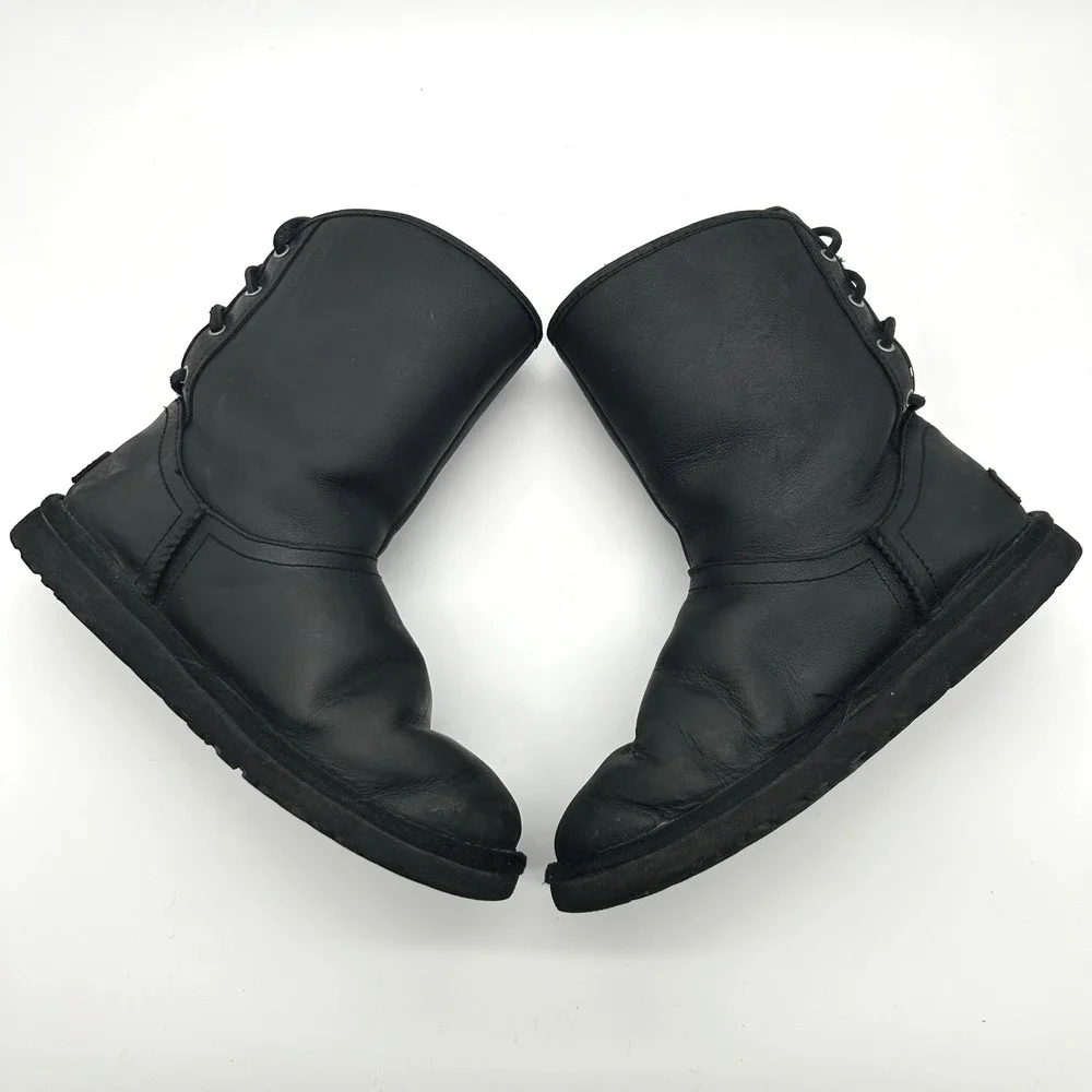 UGG Australia Mariana Boots Womens 6 Black Leather Shearling Lined Rear Lace‎ Up